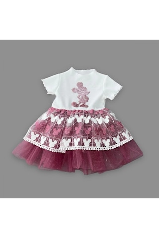 Veraura Lifestyle 1-2-3 Yaş Payetli Mickey Baskılı Brode Etekli Kız Bebek Elbisesi Rose
