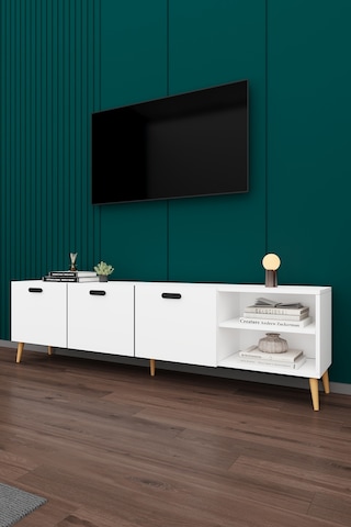 Asra Trend Tv Ünitesi T-18 %100 MDF 200 cm Büyük Boy Tv Sehpası Dolaplı Raflı Beyaz