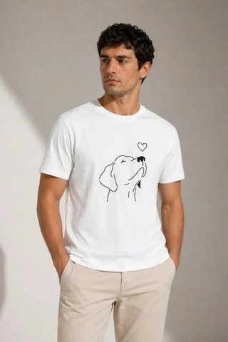 Defymoda Erkek Köpek Figürlü Minimal Baskılı Tişört Kısa Kol Yazlık T-shirt - Beyaz