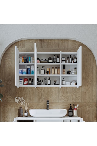 Banyo Dolabı Kulpsuz 3 Kapaklı Mdf 105 Cm Aynalı Banyo Üst Dolabı Mat Beyaz