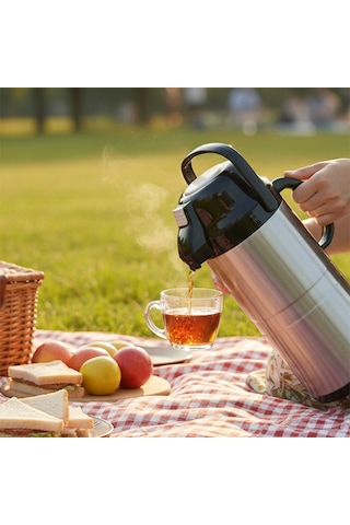 Cooker 2009-1 Çift Kat Paslanmaz Çelik Pompalı Termos Çay Termosu Su Termosu Siyah 4,5lt Siyah