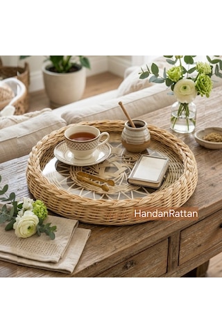 Handanrattan El Örgüsü Dekoratif Rattan Tepsi - 38 Cm Bohem Sunumluk Vişne&doğal