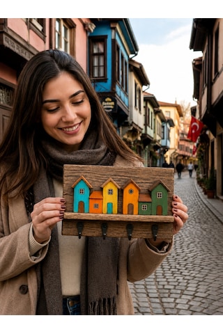 Dekoratif Ahşap Ev Figürlü Anahtarlık Askılığı 20x30 Cm 4 Kancalı Duvar Anahtarlığı Organizer Çok Renkli