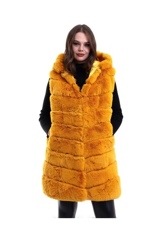 Kapşonlu Peluş Kürk Yelek Premium Kalite, Tam Astarlı, Uzun Model - Sarı Sarı