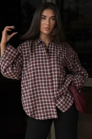 Madmext Kırmızı Oversize Kareli Kadın Gömlek Mg2822