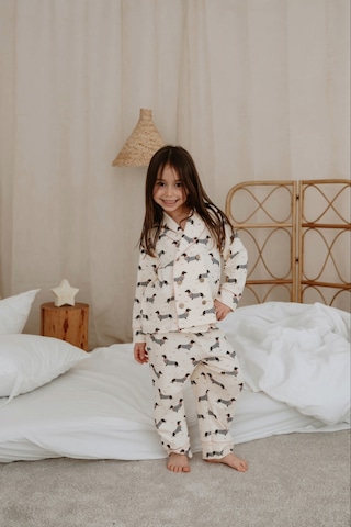 Köpek Baskılı Yaka Detaylı Çocuk Pijama Takımı Krem
