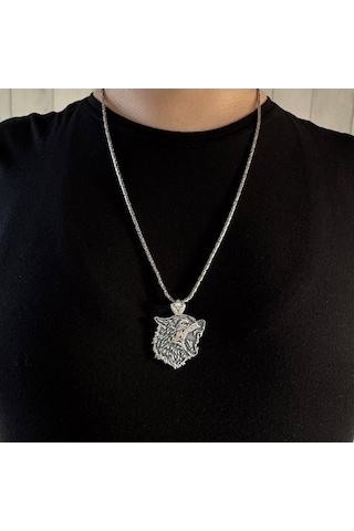 925 Ayar Gümüş Bozkurt Tasarım Kral Zincirli Erkek Kolye Gümüş