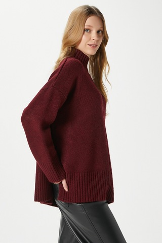 Ritnice Kadın Wonder Yumuşacık Dik Yaka Bordo Yırtmaçlı Oversize Triko Kazak Bordo