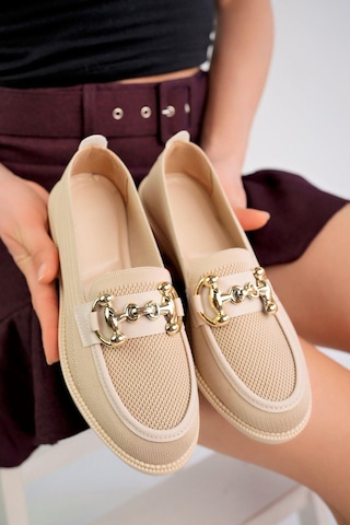 Aymood Kadın Nude Zincir Tokalı Kalın Taban Pu Deri Günlük Klasik Topuklu Loafer Makosen Ayakkabı F Krem Te Krem