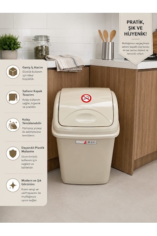 Plastik Elegance 7,5 Litre Sallanır Kapaklı Çok Amaçlı Çöp Kovası Krem
