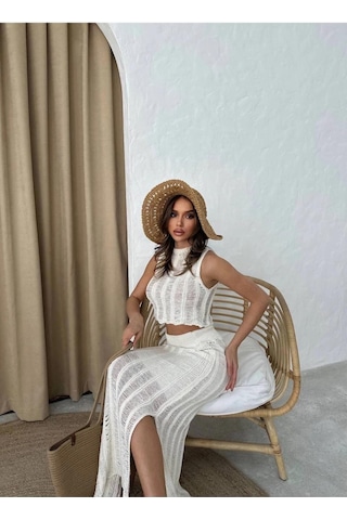 Ecenin Favorileri Triko Crop Etek Takım Ekru