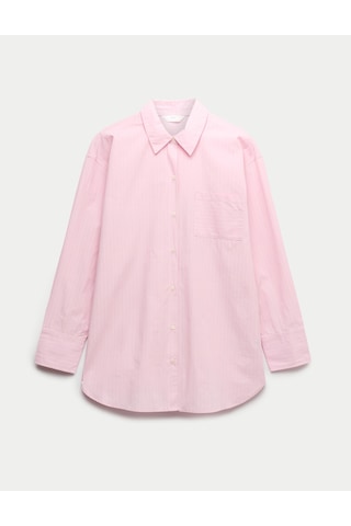 Marks & Spencer Saf Pamuklu Çizgili Poplin Pijama Üstü T37003702T Pembe