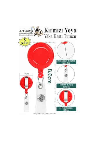Kırmızı Yaka Yoyosu 5 Adet Yoyo Kartlık Kimlik Personel Kartı Yoyo Yaka Cep Kemer Geri Çekilebilir Rozet Tutma Makara