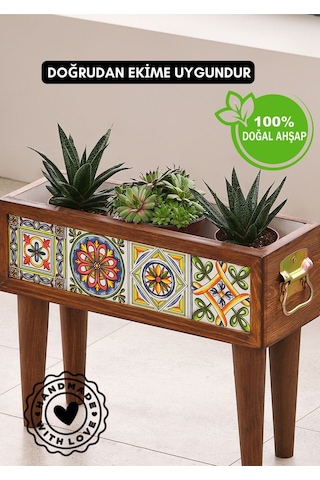 Halohope El Yapımı Ayaklı 4 Çinili Dekoratif Modern Ahşap Dikdörtgen Bahçe Balkon Saksı Saksılık Çiçeklik