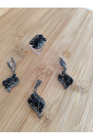 Oniks Ve Markazit Taşlı Gümüş Set Bronz