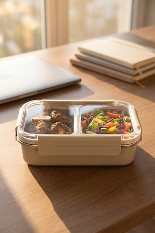 Steelock Paslanmaz Çelik İki Bölmeli Yemek Kabı - 22 Cm Krem