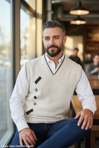 Kamalı Erkek Krem Tüylenme Yapmayan Anti-pilling Standart Fit Normal Kesim V Yaka Triko Süveter Taş