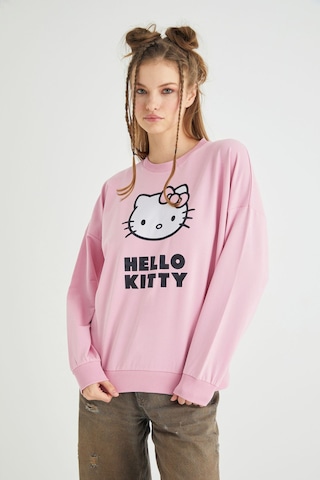 Hello Kitty Lisanslı Baskılı Oversize Fit Pembe Sweatshirt Renkli