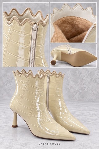 Dabab Shoes Carmen Kadın Bej Kroko Rugan Sivri Burun Fermuarlı Sıcak Astarlı 7 Cm İnce Topuklu Bot Bootie