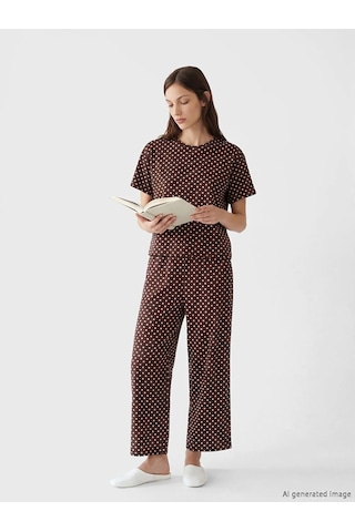 Lc Waikiki Kahverengi Puantiyeli Kadın Kaprili Pijama Takımı