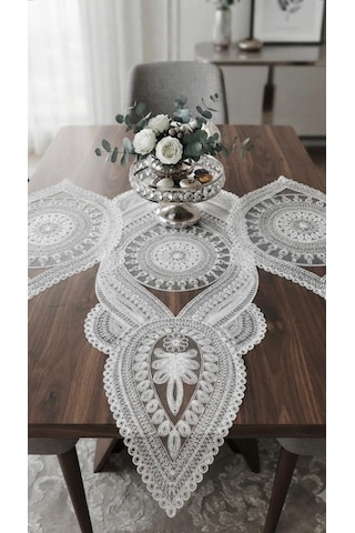 3 Lü Set Beyaz Dantel Detaylı Runner