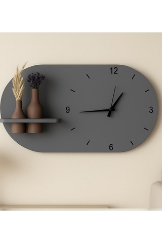 Modern Tasarım Raflı Nera Duvar Saati 75x45 Gri