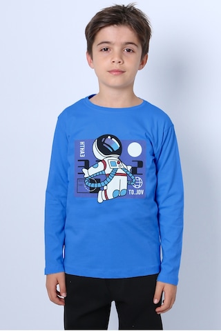 Erkek Çocuk Uzun Kollu Tshirt Astronot Baskılı Bisiklet Yaka B40 Mavi