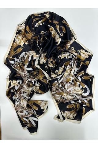 Miorel Scarfs Yeni Sezon Çiçek Desen Ekose Zincir Vual İpek Şal Premium Siyah