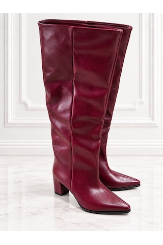 Dabab Shoes Mıressa Kadın Bordo Kırışık Yarı Rugan Cilt Sivri Burun Geniş Baldır 6 Cm Kalın Topuklu Uzun Çizme