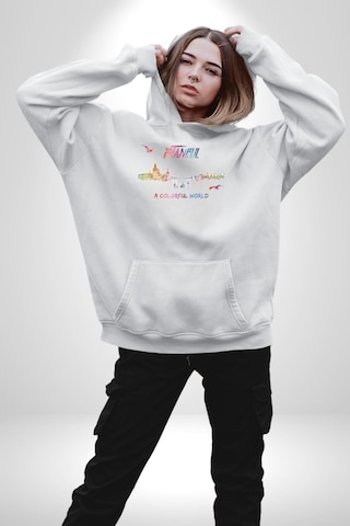 İstanbul Özel Tasarım Kadın Erkek Beyaz Kapüşonlu Sweatshirt Hoodie Beyaz