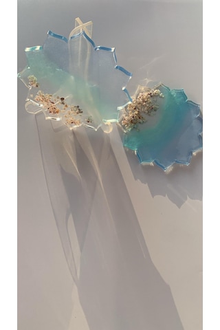 Su Mavisi Ve Yeşili Deniz Kabuklu Güneş Şekil Epoksi Bardak Altı Su Mavisi