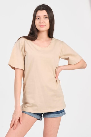 As Collection Bej V Yaka Kısa Kol Boyfriend Kadın T-shirt Bej