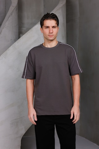 Erkek Şeritli Oversize Bisiklet Yaka 2 İki İplik Kompakt T-shirt Kahverengi