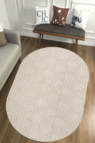 Raschel Carpet Kaymaz Taban Moopy Oval Krem Bukleli Yumuşak Soft Dokuma Yolluk Halı Salon Halısı Lp1003a Krem Krem
