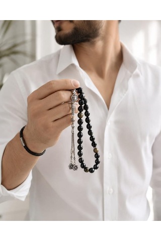 Gold Obsidyen Tesbih Premium Kalite 8 Mm Parlak Faset Kesim Tesbih Şık Tasarım Siyah