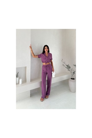 Wellway İthal Keten Kumaş İplik Detaylı Crop Gömlek & Pantolon İkili Takım -mor Mor
