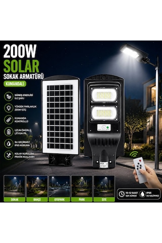 200w - 6500k Solar - Güneş Enerjili Sokak Lambası - Armatür Sensörlü Bahçe-balkon-sokak Ars-348965 Bx40