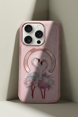 Apple iPhone 16 Pro Uyumlu Magsafe Destekli 3d Gerçek Nakış İşlemeli Flamingo Desenli Kılıf