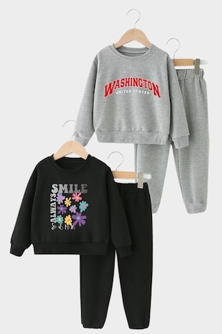 Fyk Kids Kız Çocuk 2'li Düz 0 Yaka Eşofman Takımı Gri - Siyah