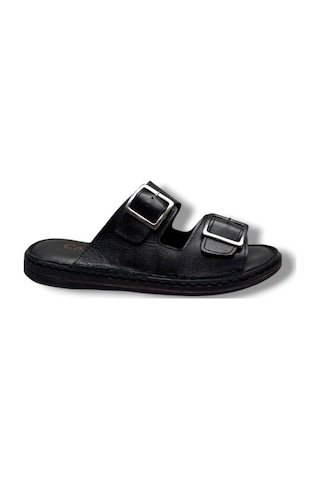 Cakgo 602-26 Hakiki Deri Ultra Soft Çift Tokalı Anatomik Erkek Terlik 40-47 Siyah