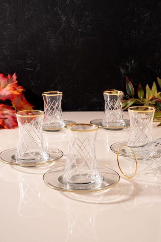 Mest 12 Parça Yaldızlı Cam Çay Bardağı Seti - Zarif Ve Şık Gold