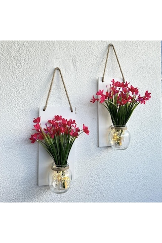Led Işıklı, Fuşya Nergis Çiçekli Duvar Dekoru Beyaz İkili Set Beyaz