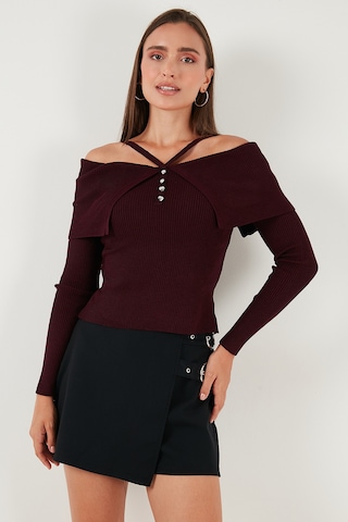 Lela Premium Fitted Fit Carmen Yaka Ip Askı Detaylı Triko Bayan Kazak 680Kz00076 Bordo