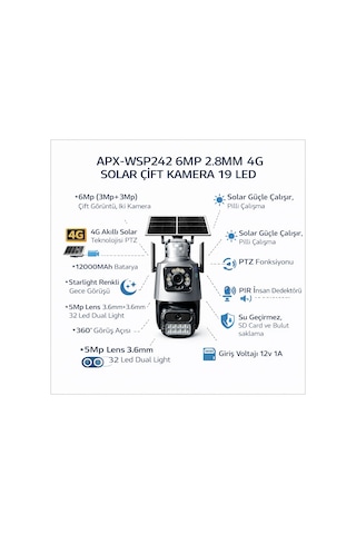 Apx-wsp242 6mp 2.8mm 4g Solar Çift Kamera 19 Led Ptz