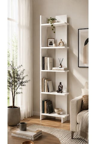Andes Dekoratif Kitaplık Ve Çok Amaçlı Raf Ünitesi Modern Salon Kitaplığı Açık Raf Sistemi Beyaz