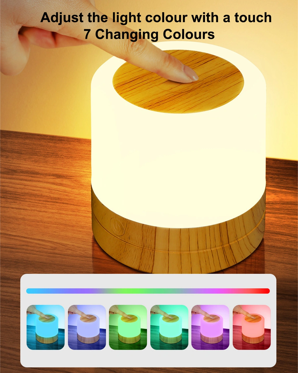 Moveevo 7 Renkli Led Ambiyans Lambası, Uzaktan Kumanda, Dokunmatik Şarjlı, 4 Aydınlatma Modu, 1200mah Pil, Ahşap Desenli Usb Gece Lambası Beyaz