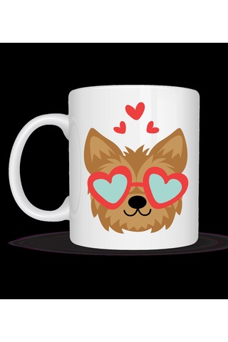 Sevimli Yorkshire Terrier Tasarımlı Porselen Kupa Model 49 Kalpli Gözlüklü Köpek Desenli, Hediye K