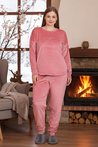 Remsa Büyük Beden Kadın Kadife Pijama Takımı 25396 Pembe Pembe
