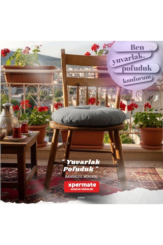 Pofuduk Yuvarlak Sandalye Minderi Mutfak, Balkon, Bahçe Dekoratif Oturma Minderi Yumuşak Dolgu Gri
