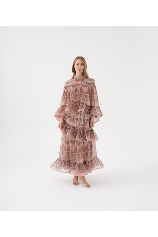 Dantel Desenli Katlı Şifon Volanlı Bluz Kahve